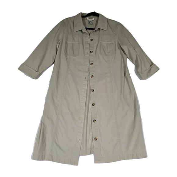 Vtg Talbots Button Up Shirt Dress Khaki Tan Womens 12 Petite Cotton Safari - Picture 1 of 15